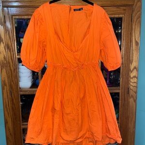 Boohoo Vibrant Orange Mini Dress with Puff Sleeves